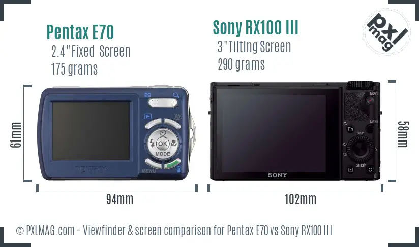 Pentax E70 vs Sony RX100 III Screen and Viewfinder comparison