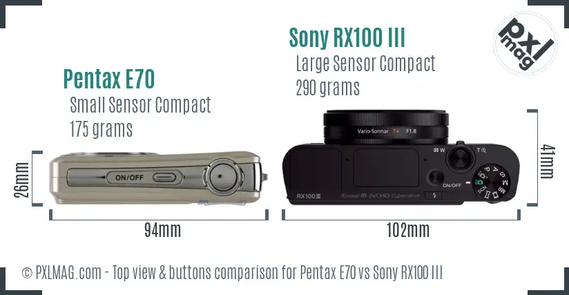 Pentax E70 vs Sony RX100 III top view buttons comparison