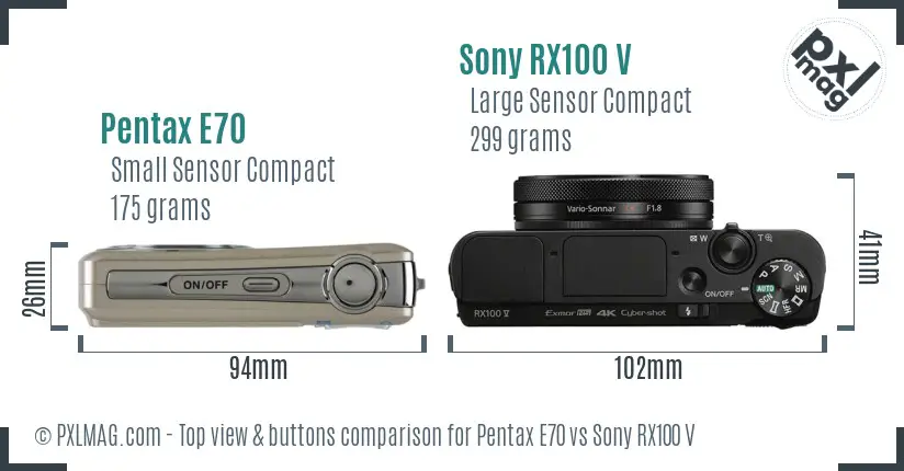 Pentax E70 vs Sony RX100 V top view buttons comparison