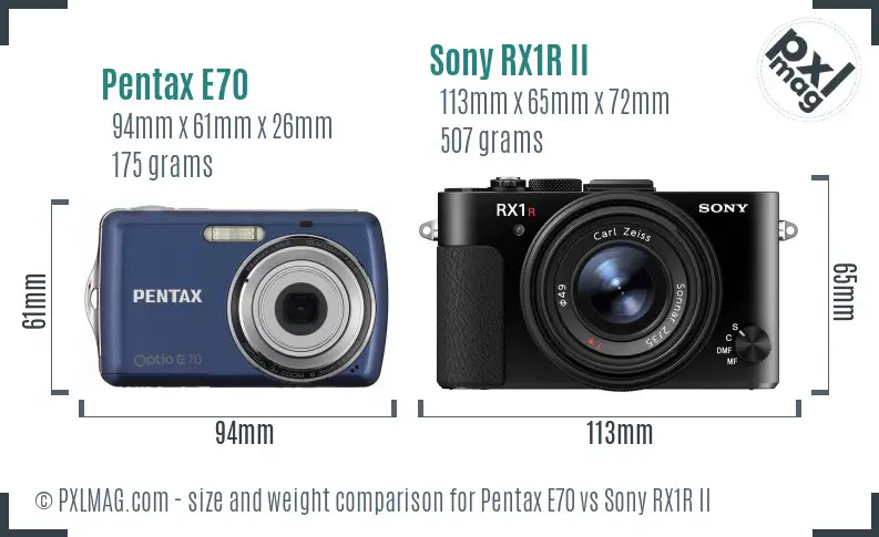 Pentax E70 vs Sony RX1R II size comparison