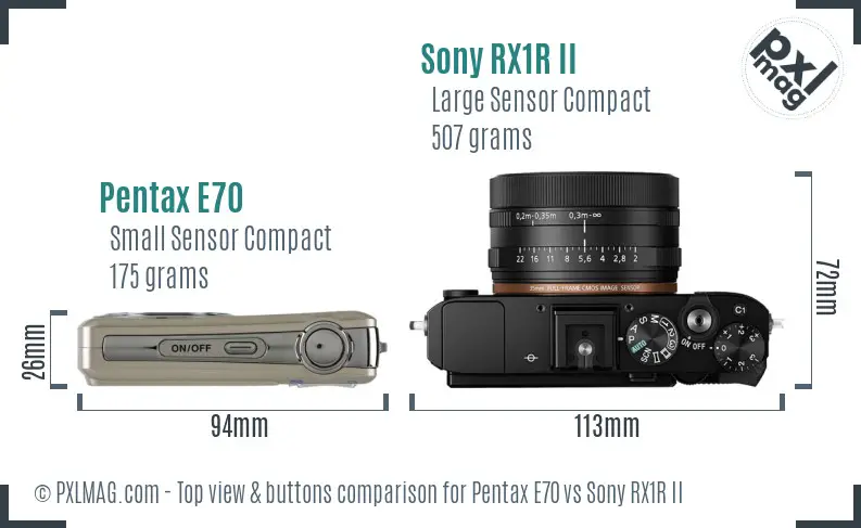 Pentax E70 vs Sony RX1R II top view buttons comparison