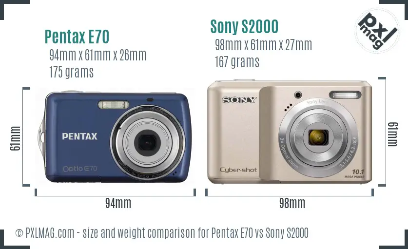 Pentax E70 vs Sony S2000 size comparison