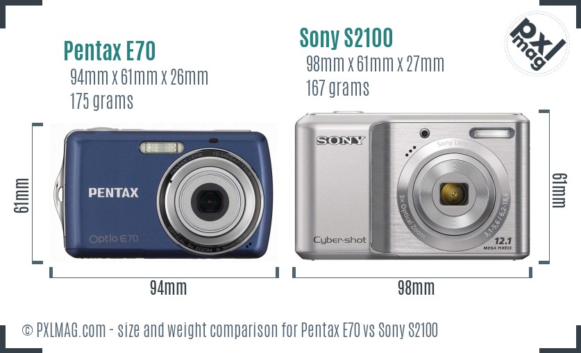 Pentax E70 vs Sony S2100 size comparison