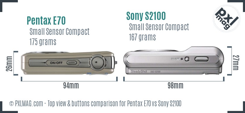 Pentax E70 vs Sony S2100 top view buttons comparison