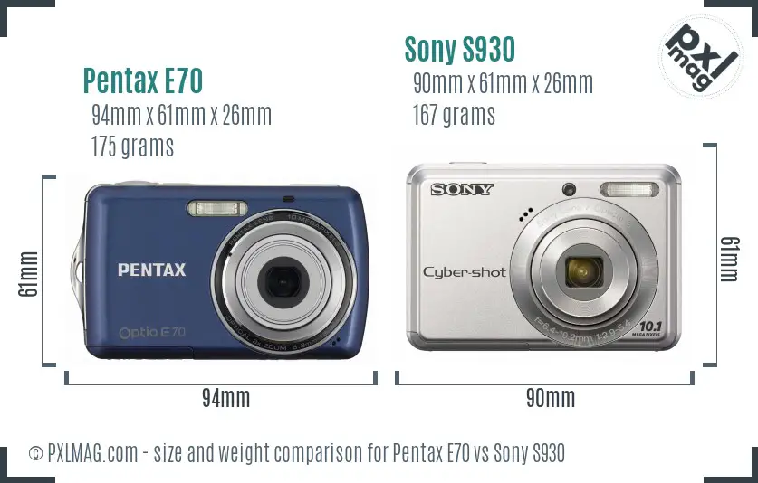 Pentax E70 vs Sony S930 size comparison