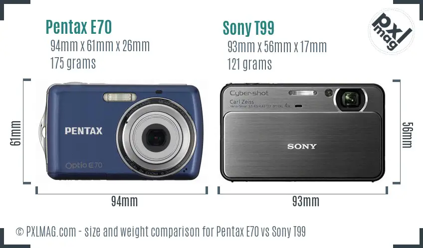 Pentax E70 vs Sony T99 size comparison