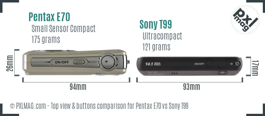 Pentax E70 vs Sony T99 top view buttons comparison