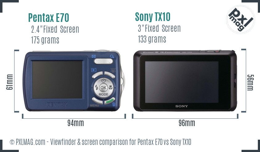 Pentax E70 vs Sony TX10 Screen and Viewfinder comparison