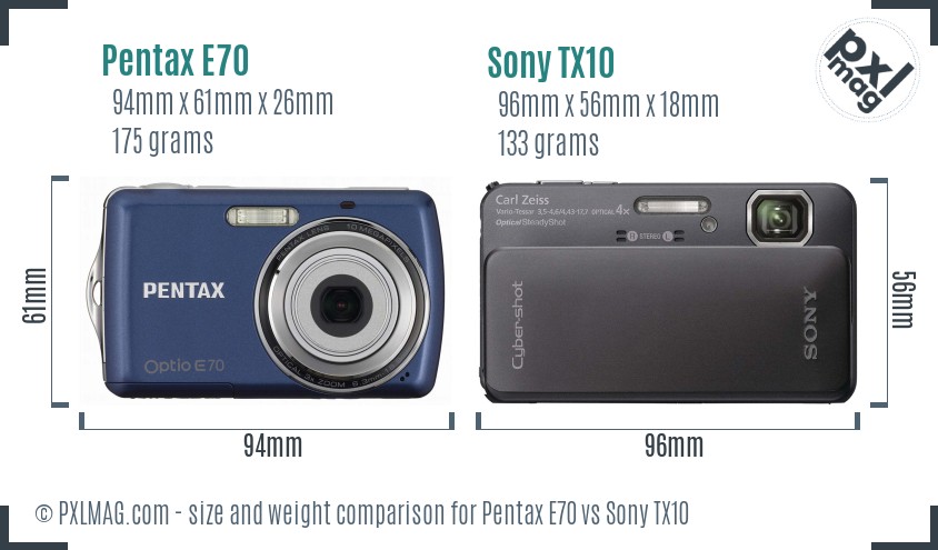 Pentax E70 vs Sony TX10 size comparison