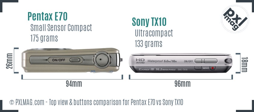 Pentax E70 vs Sony TX10 top view buttons comparison