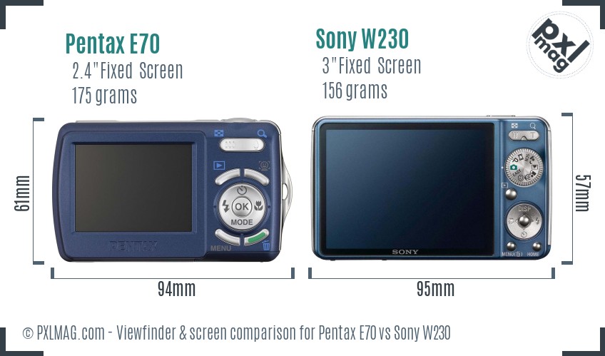 Pentax E70 vs Sony W230 Screen and Viewfinder comparison