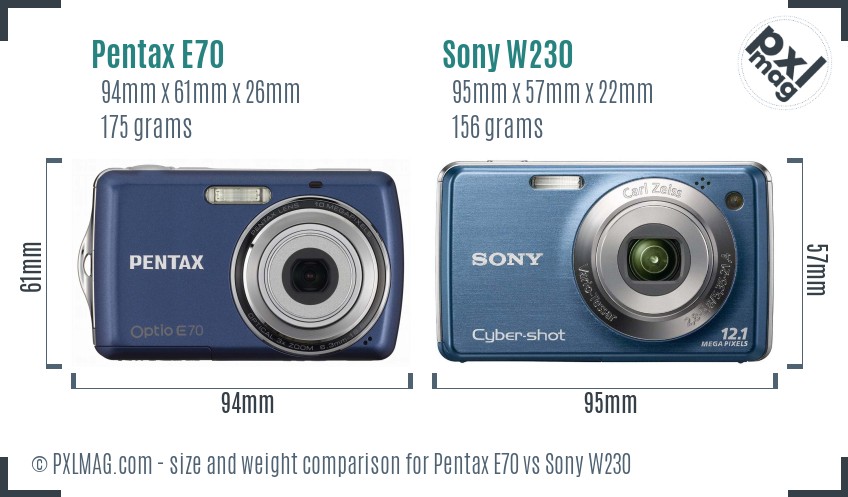 Pentax E70 vs Sony W230 size comparison