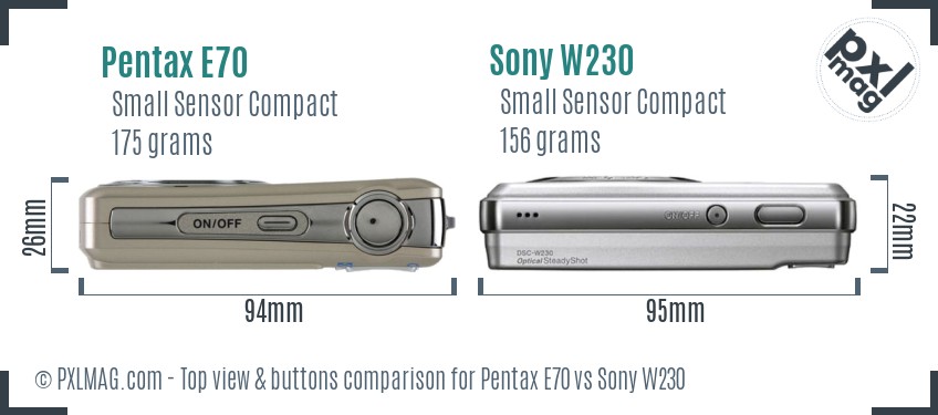 Pentax E70 vs Sony W230 top view buttons comparison