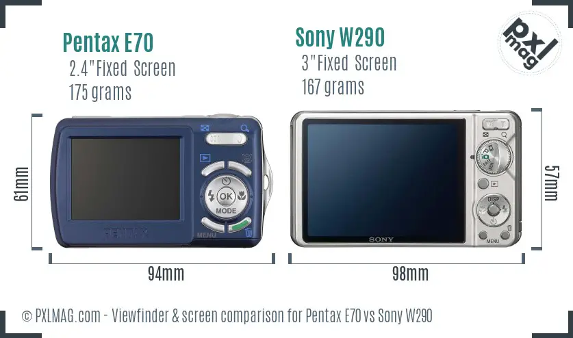 Pentax E70 vs Sony W290 Screen and Viewfinder comparison