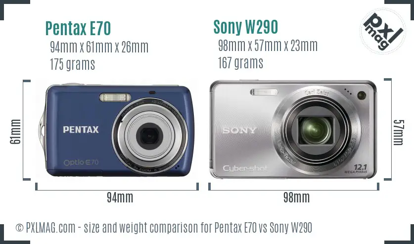 Pentax E70 vs Sony W290 size comparison