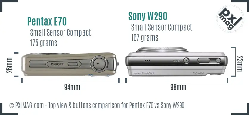 Pentax E70 vs Sony W290 top view buttons comparison