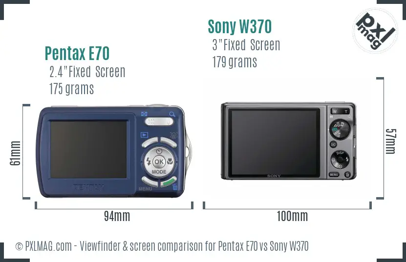 Pentax E70 vs Sony W370 Screen and Viewfinder comparison