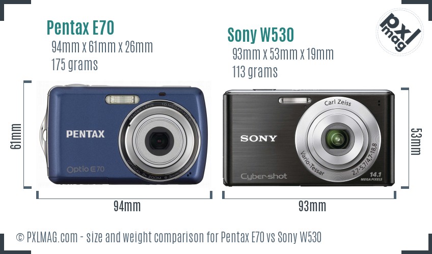 Pentax E70 vs Sony W530 size comparison