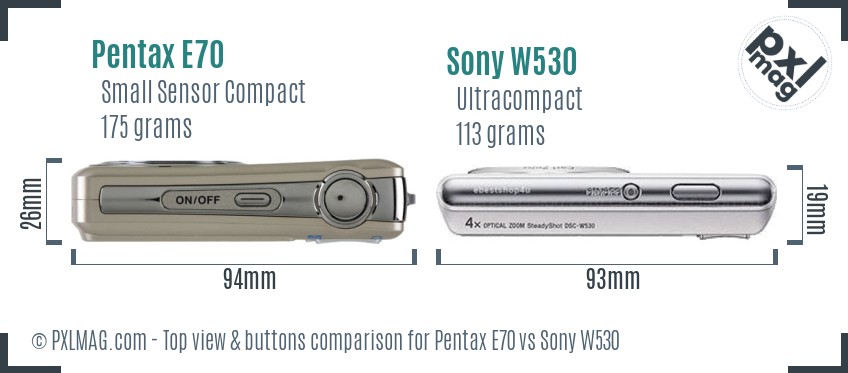 Pentax E70 vs Sony W530 top view buttons comparison