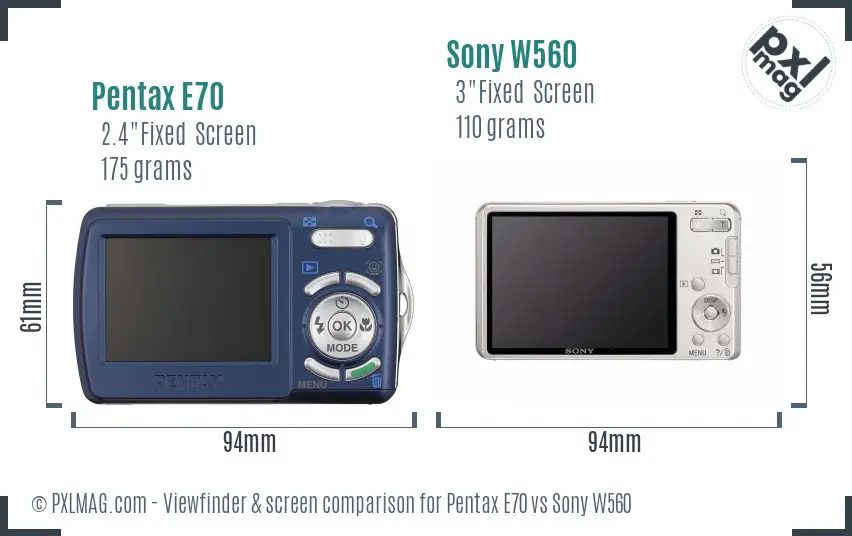 Pentax E70 vs Sony W560 Screen and Viewfinder comparison