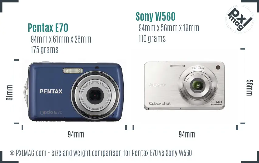 Pentax E70 vs Sony W560 size comparison