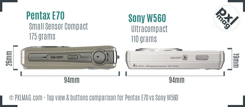 Pentax E70 vs Sony W560 top view buttons comparison