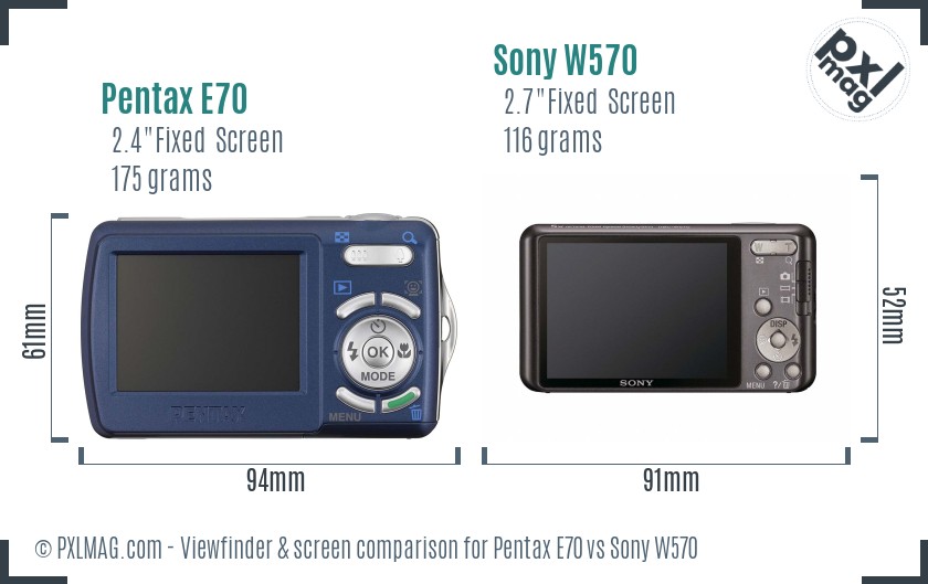 Pentax E70 vs Sony W570 Screen and Viewfinder comparison