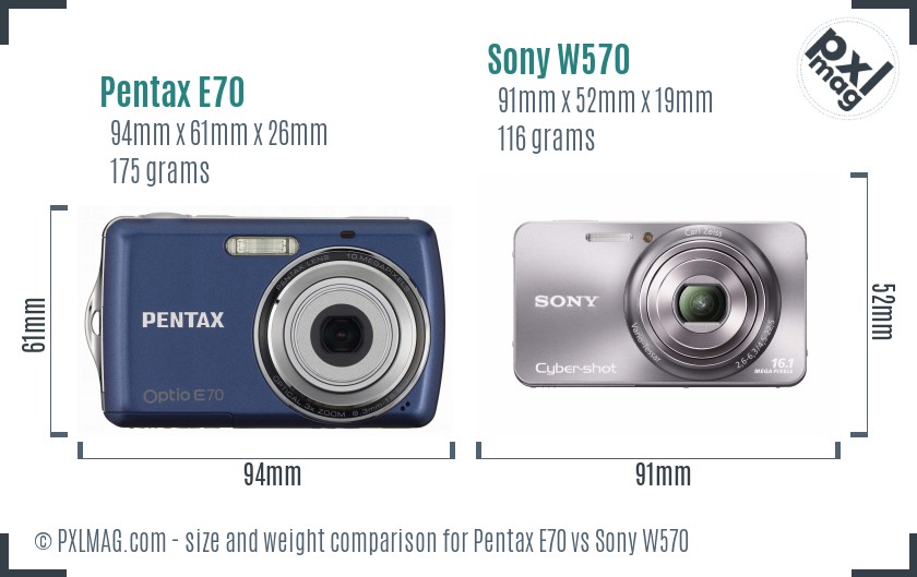 Pentax E70 vs Sony W570 size comparison Pentax E70 vs Sony W570 size comparison