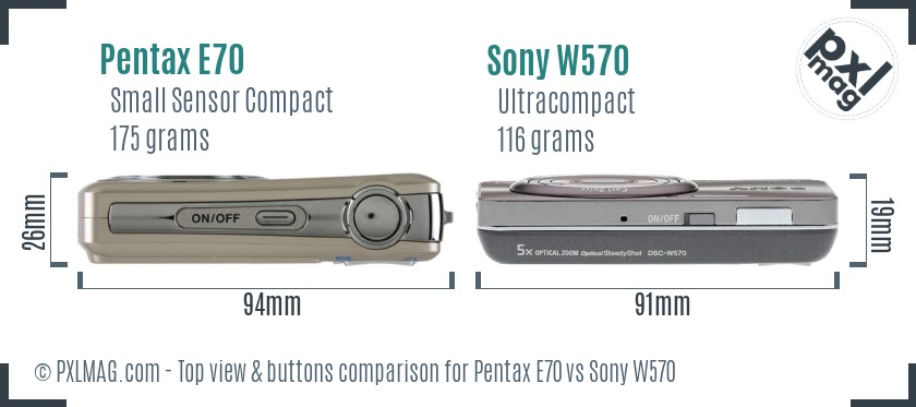 Pentax E70 vs Sony W570 top view buttons comparison