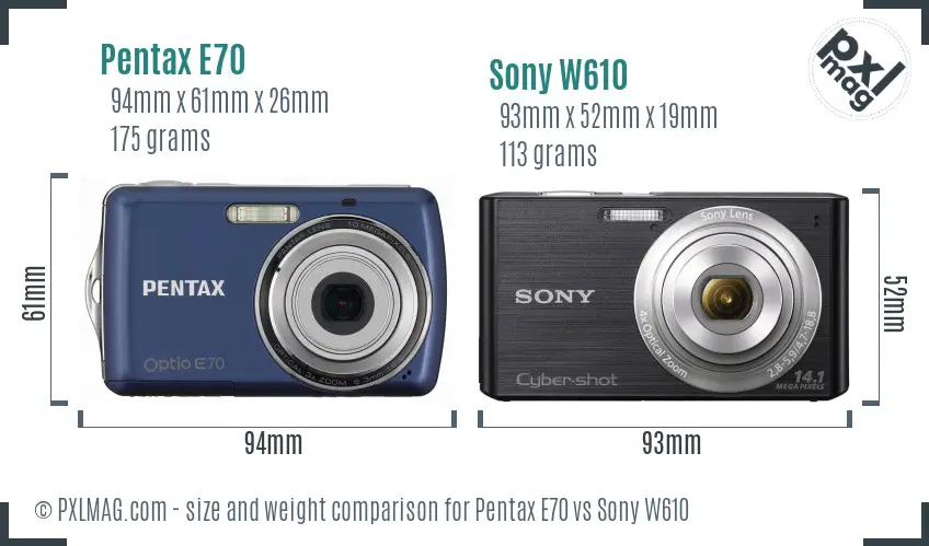 Pentax E70 vs Sony W610 size comparison