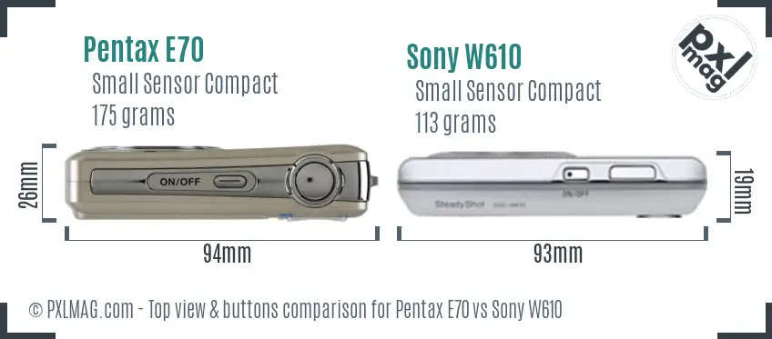 Pentax E70 vs Sony W610 top view buttons comparison