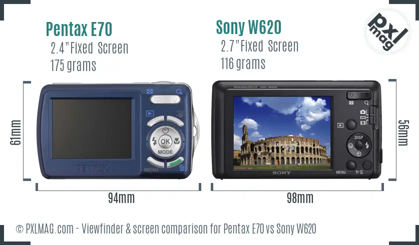 Pentax E70 vs Sony W620 Screen and Viewfinder comparison