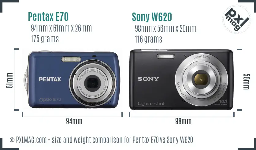 Pentax E70 vs Sony W620 size comparison