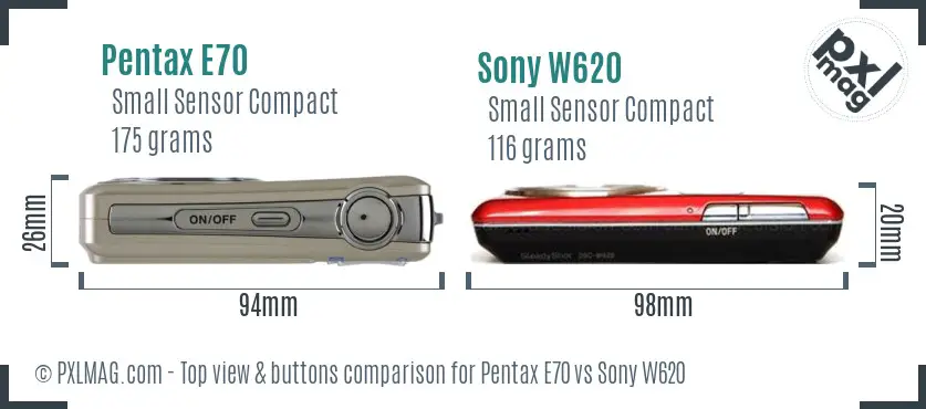 Pentax E70 vs Sony W620 top view buttons comparison