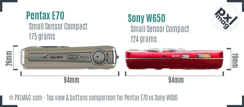 Pentax E70 vs Sony W650 top view buttons comparison Pentax E70 vs Sony W650 top view buttons comparison