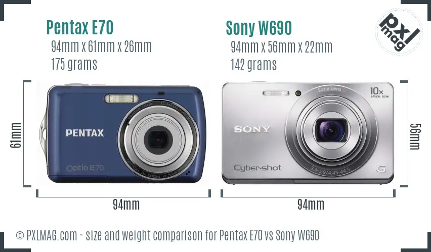 Pentax E70 vs Sony W690 size comparison