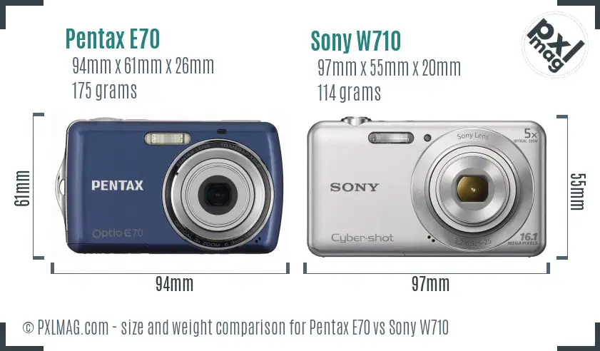 Pentax E70 vs Sony W710 size comparison