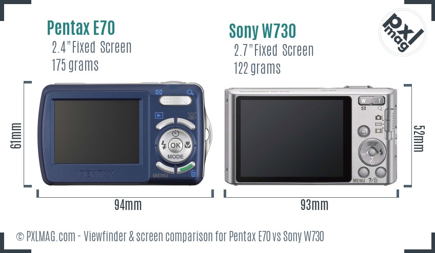 Pentax E70 vs Sony W730 Screen and Viewfinder comparison