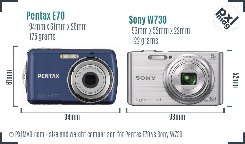 Pentax E70 vs Sony W730 size comparison
