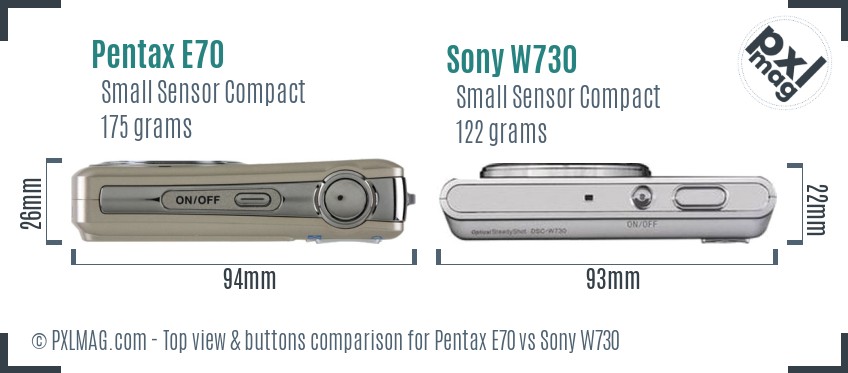 Pentax E70 vs Sony W730 top view buttons comparison