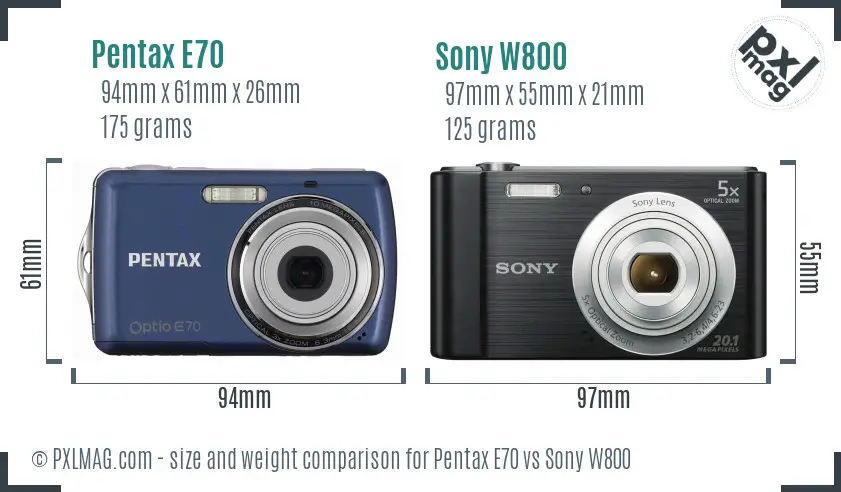 Pentax E70 vs Sony W800 size comparison