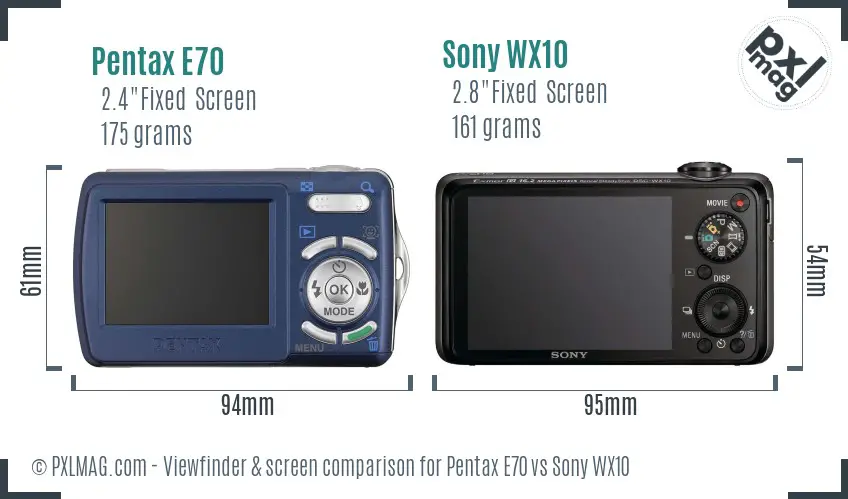Pentax E70 vs Sony WX10 Screen and Viewfinder comparison