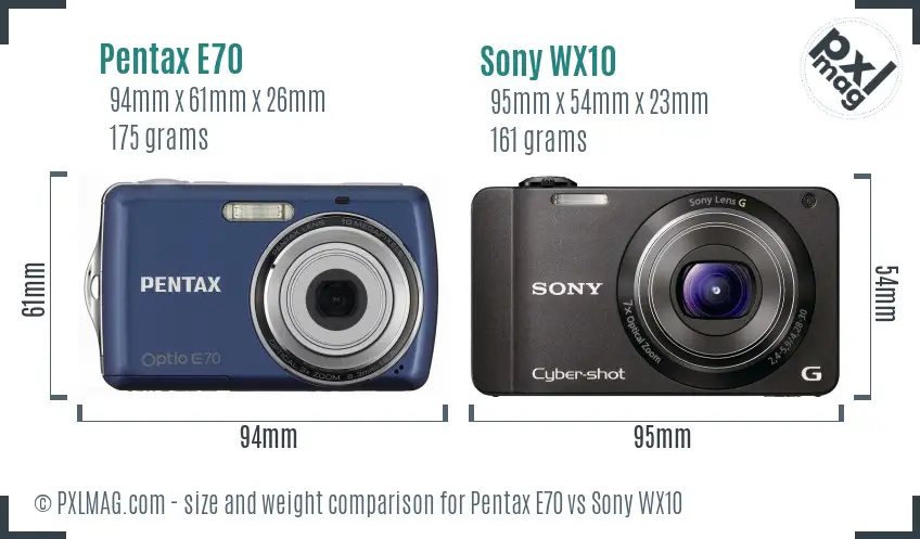 Pentax E70 vs Sony WX10 size comparison