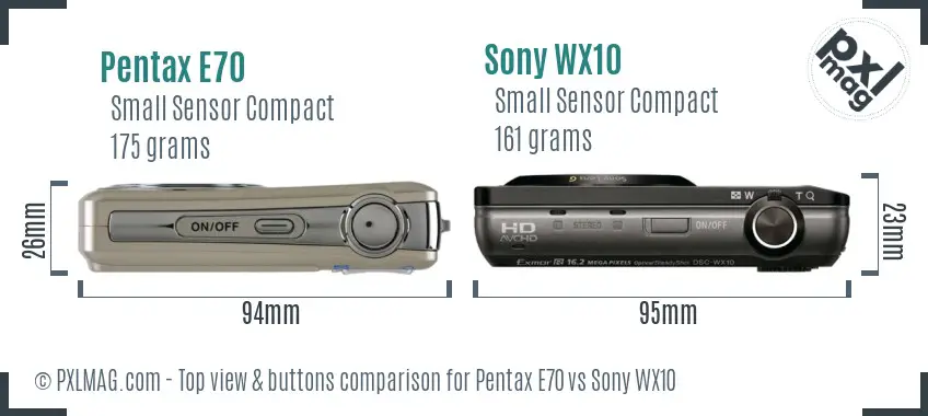 Pentax E70 vs Sony WX10 top view buttons comparison