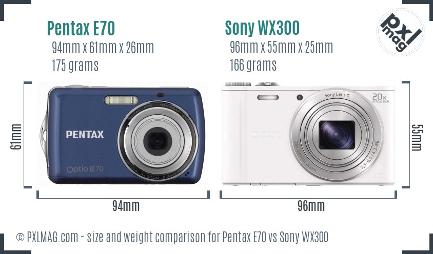 Pentax E70 vs Sony WX300 size comparison