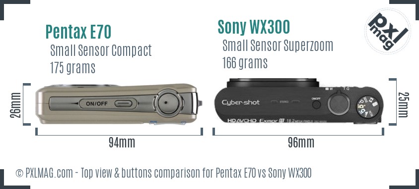 Pentax E70 vs Sony WX300 top view buttons comparison