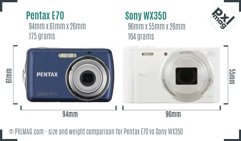 Pentax E70 vs Sony WX350 size comparison