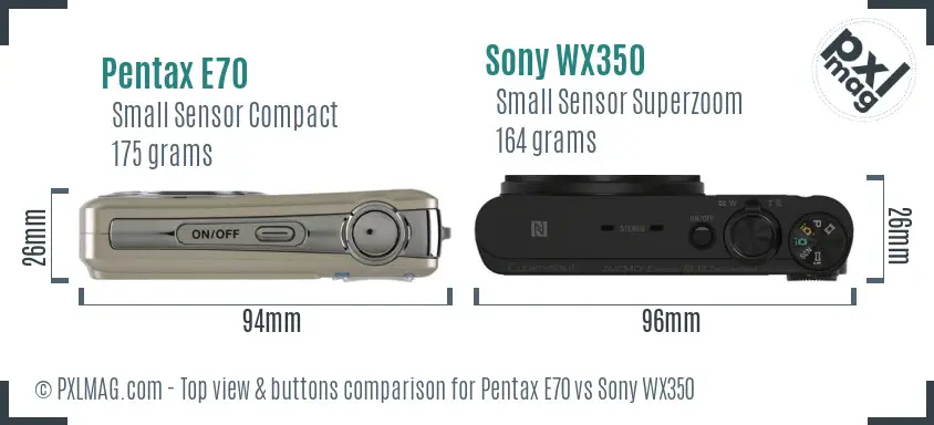 Pentax E70 vs Sony WX350 top view buttons comparison
