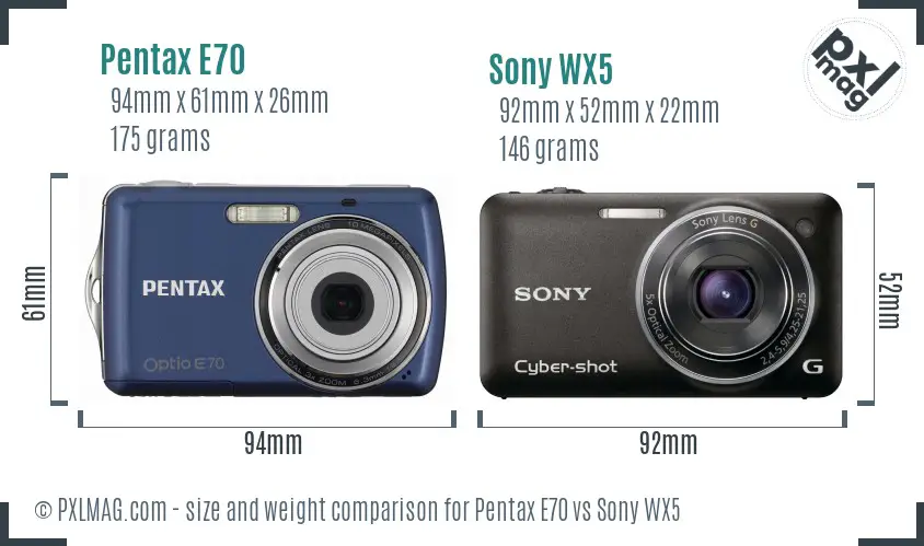 Pentax E70 vs Sony WX5 size comparison