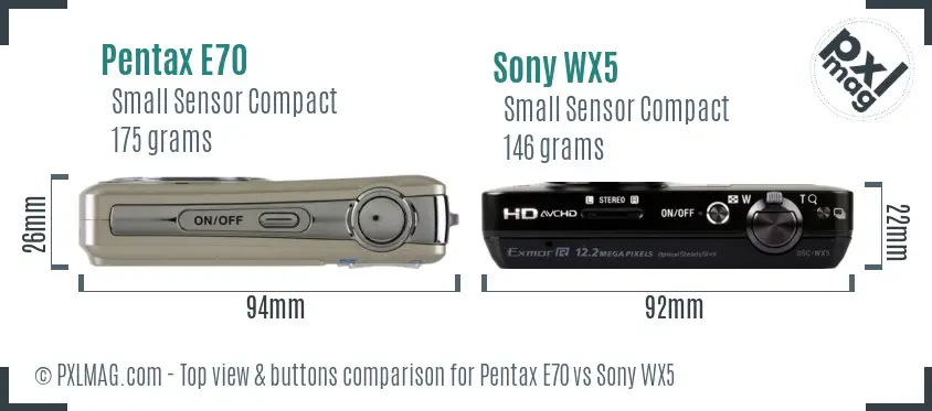 Pentax E70 vs Sony WX5 top view buttons comparison